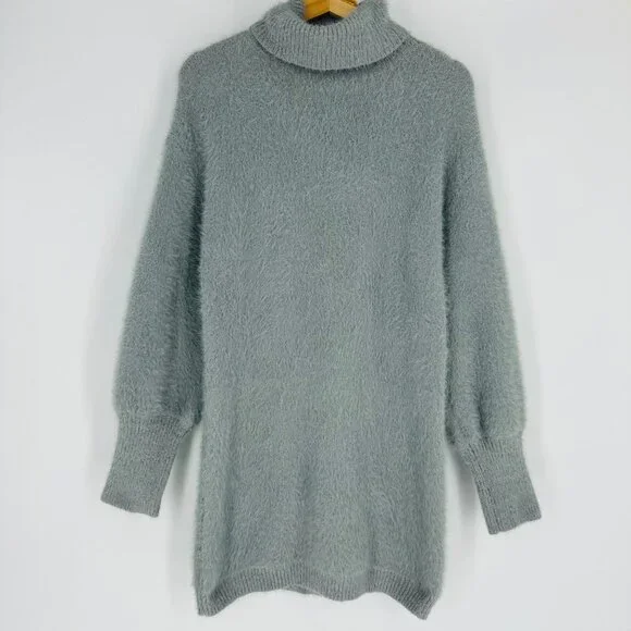 LBD Gray Fuzzy Long Balloon Sleeve Turtleneck Knit Short Sweater Dress Size S - Picture 2 of 9